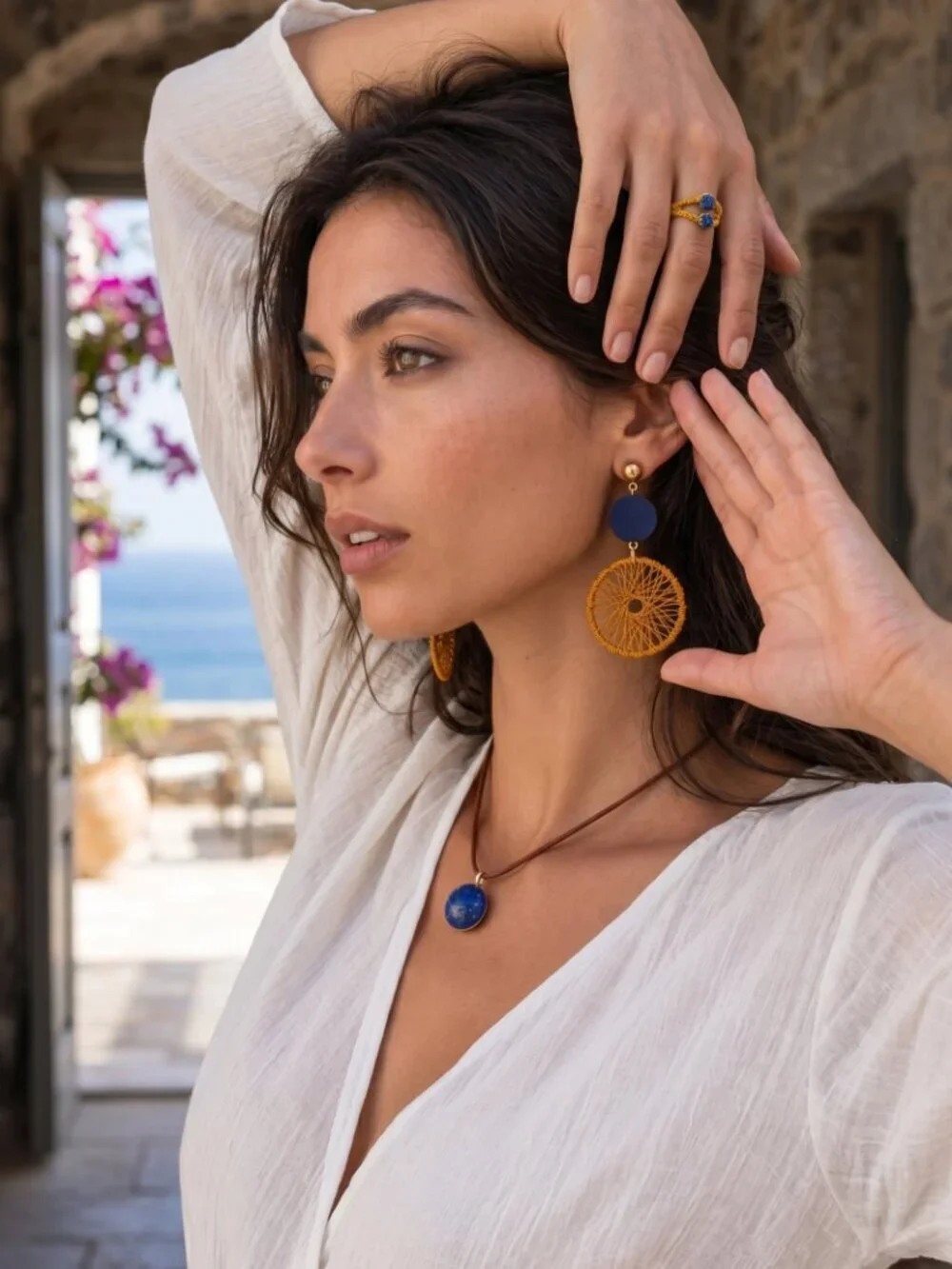 Handwoven Spiral Dangle Earrings Navy Gold Wood Disc Mediterranean 2.6